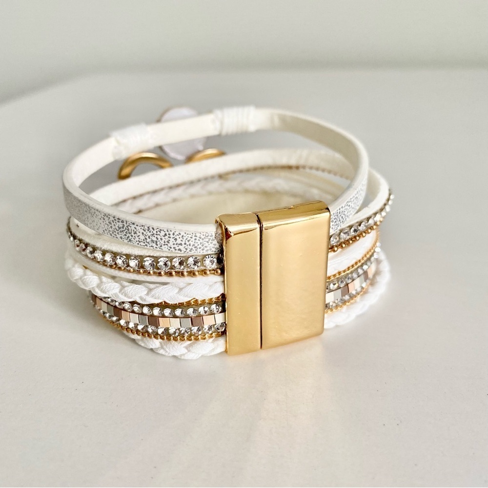 Elegant Gold and White Heart Rhinestone Stack Bracelet - Picture 4 of 4